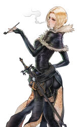 Rule 34 | 1girl, ass, benedikta harman, black bodysuit, black capelet, black pants, blonde hair, blue eyes, bob cut, bodysuit, breasts, capelet, cowboy shot, feather-trimmed capelet, final fantasy, final fantasy xvi, hand on own hip, highres, holding, holding smoking pipe, leather, leather pants, looking at viewer, magion02, medium breasts, pants, parted bangs, parted lips, short hair, smoking, smoking pipe, solo, sword, weapon, white background