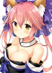 Rule 34 | 10s, 1girl, :3, animal ears, bare shoulders, blush, bow, breasts, cleavage, closed mouth, detached collar, detached sleeves, fate/extra, fate (series), fox ears, hair between eyes, hair bow, japanese clothes, large breasts, looking at viewer, maccha, obi, pink hair, purple bow, sash, shiny skin, solo, tamamo no mae (fate/extra), twintails, upper body, yellow eyes
