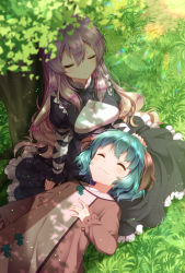 2girls :3 adapted_costume animal_ears blush bow bowtie breasts brown_hair dress closed_eyes frilled_dress frilled_sleeves frills gradient_hair grass green_hair highres hijiri_byakuren juliet_sleeves kasodani_kyouko lap_pillow large_breasts layered_dress leaf long_hair long_sleeves multicolored_hair multiple_girls open_mouth headpat pollen puffy_sleeves purple_hair sakura_tsubame shade short_hair sitting sleeping smile sunlight touhou tree tree_shade wavy_hair