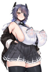 1girl black_gloves black_jacket black_skirt breast_pocket breasts checkered_clothes checkered_necktie covered_erect_nipples datto_3 eyepatch fur-trimmed_jacket fur_trim gloves headgear high-waist_skirt huge_breasts jacket kantai_collection looking_at_viewer necktie no_bra partially_fingerless_gloves pocket purple_hair see-through_clothes see-through_shirt shirt short_hair skindentation skirt sleeveless sleeveless_shirt solo tenryuu_(kancolle) tenryuu_kai_ni_(kancolle) thighhighs white_shirt yellow_eyes