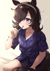 Rule 34 | 1girl, :o, aa (16rrr16), absurdres, animal ears, blush, brown hair, brushing teeth, collarbone, commentary request, floral print, hair over one eye, hairband, highres, holding, holding toothbrush, horse ears, horse girl, horse tail, long hair, pajamas, print pajamas, print shirt, print shorts, purple eyes, purple pajamas, purple shirt, purple shorts, rice shower (umamusume), shirt, short shorts, short sleeves, shorts, solo, tail, toothbrush, umamusume