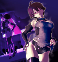 Rule 34 | 1girl, 2equal8, antenna hair, apron, apron lift, bare back, black shorts, black sleeves, black thighhighs, blush, brown eyes, brown hair, clothes lift, covered erect nipples, crowd, detached sleeves, dream c club, dream c club (series), hair between eyes, hand on own hip, heel up, highres, licking lips, lifted by self, midriff peek, multiple views, nao (dream c club), narrowed eyes, nervous sweating, nose blush, pink pupils, shoes, short hair, short shorts, shorts, stage, sweat, thighhighs, tomboy, tongue, tongue out, very sweaty, zettai ryouiki