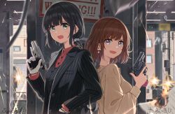 Rule 34 | 2girls, back-to-back, black hair, black jacket, breast pocket, brown dress, brown eyes, brown hair, buttoned cuffs, buttons, cable, collared shirt, dress, earrings, fang, gloves, green eyes, gun, handgun, heart, heart earrings, highres, holding, holding gun, holding weapon, jacket, jewelry, junshiki, long sleeves, looking at viewer, multiple girls, open mouth, original, pocket, ponytail, red shirt, revolver, shirt, short hair, sidelocks, signature, skin fang, snubnosed revolver, suit jacket, weapon, weapon request, white gloves