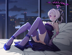 Rule 34 | 1girl, absurdres, ass, bare shoulders, blue archive, blue footwear, breasts, chubb, cityscape, closed eyes, commentary, demon horns, dress, earrings, elbow gloves, english commentary, evening, gloves, grey hair, halo, high heels, highres, hina (blue archive), hina (dress) (blue archive), horns, indoors, jewelry, light blush, light smile, looking at viewer, necklace, no wings, on bed, purple dress, purple eyes, purple sash, purple thighhighs, reclining, sash, sleeveless, sleeveless dress, slit pupils, small breasts, solo, thighhighs, thighs