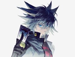 Rule 34 | 1boy, blue eyes, brown gloves, card, fudo yusei, gloves, highres, holding, holding card, jacket, looking at viewer, male focus, multicolored hair, noren (noren1512), open clothes, open jacket, short hair, solo, spiked hair, stardust dragon, streaked hair, upper body, white background, yu-gi-oh!, yu-gi-oh! 5d&#039;s