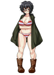 Rule 34 | 10s, 1girl, ayato, bad id, bad pixiv id, bikini, black eyes, black hair, blush, boots, breast hold, breasts, cleavage, crossed arms, curvy, female focus, frown, full body, girls und panzer, glasses, haori, huge breasts, japanese clothes, large breasts, looking at viewer, messy hair, no socks, oryou (girls und panzer), plump, ponytail, red-framed eyewear, red bikini, semi-rimless eyewear, short hair, solo, standing, striped bikini, striped clothes, swimsuit, thick thighs, thighs, under-rim eyewear, white background, wide hips