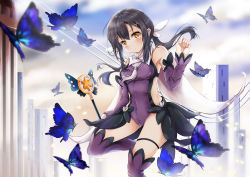 Rule 34 | 1girl, animal, bare shoulders, black hair, blurry, blurry foreground, blush, breasts, brown eyes, bug, butterfly, commentary, covered navel, depth of field, detached sleeves, fate/kaleid liner prisma illya, fate (series), hair between eyes, hair ornament, hand up, head tilt, insect, leotard, long hair, long sleeves, looking at viewer, magical sapphire, medium breasts, miyu edelfelt, mutang, purple leotard, purple sleeves, purple thighhighs, sidelocks, sleeves past wrists, solo, standing, standing on one leg, thighhighs, wand, white neckwear, x hair ornament