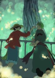 Rule 34 | 2boys, 7nawon, bandana, bandana around arm, black bandana, black eyes, black hair, earrings, facial scar, feet out of frame, floating lights, green background, green hair, green theme, hat, highres, jewelry, looking at another, male focus, monkey d. luffy, multiple boys, one piece, roronoa zoro, scar, scar on cheek, scar on face, short hair, sideburns, single earring, straw hat, tree