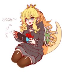 Rule 34 | 1girl, alternate costume, black nails, black thighhighs, blonde hair, blue eyes, blush, bowsette, bracelet, collar, eyebrows, fang, fingernails, full body, hair between eyes, happy, hood, hoodie, jewelry, long hair, long sleeves, mario (series), megato, musical note, nail polish, new super mario bros. u deluxe, nintendo, nintendo switch, open mouth, playing games, pointy ears, ponytail, sharp fingernails, sidelocks, simple background, sitting, sketch, skirt, smile, solo, spiked bracelet, spiked collar, spiked shell, spiked tail, spikes, super crown, tail, thighhighs, translation request, wariza, white background