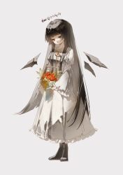 Rule 34 | 1girl, absurdres, aged down, apple, arknights, virtuosa (arknights), baicha735, basket, black eyes, black footwear, black hair, black wings, blunt bangs, boots, closed mouth, collarbone, commentary, dark halo, detached wings, dress, food, frilled sleeves, frills, fruit, full body, grey background, halo, highres, holding, holding basket, long hair, long sleeves, neck ribbon, red pupils, red ribbon, ribbon, sidelocks, solo, symbol-only commentary, very long hair, white dress, wide sleeves, wings