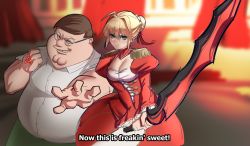 Rule 34 | 1boy, 1girl, absurdres, animification, blonde hair, blouse, breasts, brown hair, cleavage, clenched hand, collared shirt, crossover, dress, english text, epaulettes, family guy, fat, fat man, fate/grand order, fate (series), glasses, green eyes, hair bun, hair intakes, highres, holding, holding sword, holding weapon, juliet sleeves, kowai (iamkowai), long sleeves, medium breasts, nero claudius (fate), nero claudius (fate) (all), open hand, peter griffin, puffy sleeves, red dress, round eyewear, shirt, single hair bun, smile, smirk, subtitled, sword, v-shaped eyebrows, weapon, white shirt