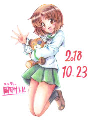 Rule 34 | 1girl, absurdres, artist name, bandages, black neckerchief, black socks, blouse, blush, boko (girls und panzer), brown eyes, brown footwear, brown hair, circle name, colored pencil (medium), commentary request, dated, full body, girls und panzer, green skirt, head tilt, highres, holding, holding stuffed toy, jumping, kazami satoru, light blush, loafers, long sleeves, looking at viewer, millipen (medium), miniskirt, neckerchief, nishizumi miho, ooarai school uniform, open mouth, pleated skirt, school uniform, serafuku, shirt, shoes, short hair, signature, simple background, skirt, smile, socks, solo, stuffed animal, stuffed toy, teddy bear, traditional media, waving, white background, white shirt