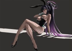 Rule 34 | 1girl, animal ears, arm support, bare arms, bare shoulders, black background, black hair, black leotard, blue archive, breasts, cleavage, dark-skinned female, dark skin, enun, fake animal ears, fishnet pantyhose, fishnets, full body, gloves, hair between eyes, halo, hand up, high heels, high ponytail, highres, karin (blue archive), karin (bunny) (blue archive), knees together feet apart, large breasts, leotard, long hair, looking at viewer, multicolored hair, number tattoo, official alternate costume, pantyhose, playboy bunny, purple hair, rabbit tail, shadow, sideboob, simple background, sitting, solo, streaked hair, tail, tattoo, thighs, very long hair, white gloves, wrist cuffs, yellow eyes