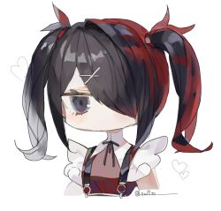 Rule 34 | 1girl, ame-chan (needy girl overdose), black eyes, black hair, black ribbon, chibi, cropped torso, hair ornament, hair over one eye, highres, long hair, looking at viewer, neck ribbon, needy girl overdose, no mouth, red shirt, ribbon, shirt, simple background, solo, suspenders, tsukikaze aki, twintails, twitter username, upper body, white background, x hair ornament