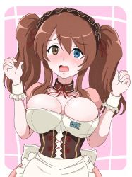 Rule 34 | 1girl, alternate costume, alternate hairstyle, apron, arms up, asahina mikuru, blue eyes, blush, border, breasts, brown eyes, brown hair, commentary request, corset, dress, hair between eyes, heterochromia, highres, large breasts, long hair, maid, mole, mole on breast, name tag, osage gankyou, pink background, pink dress, puffy short sleeves, puffy sleeves, red ribbon, ribbon, sad, short sleeves, solo, suzumiya haruhi no yuuutsu, tearing up, tears, twintails, upper body, white apron, white border, wrist cuffs