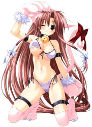Rule 34 | 1girl, absurdres, animal ears, animal hands, arm strap, bell, bikini, blush, bow, breasts, brown hair, cat ears, cat girl, cat tail, character request, collar, female focus, front-tie top, full body, gloves, highres, kneeling, large breasts, long hair, looking at viewer, navel, one eye closed, paw gloves, shintarou, shiny skin, side-tie bikini bottom, simple background, skindentation, smile, solo, strap gap, swimsuit, tail, thigh strap, thighhighs, unaligned breasts, underboob, very long hair, wink