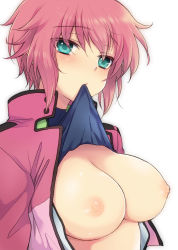Rule 34 | 00s, 1girl, alternate hairstyle, aqua eyes, black shirt, blush, breasts, celestial being uniform, clothes lift, feldt grace, gundam, gundam 00, highres, jacket, large breasts, lifted by self, looking at viewer, mouth hold, nipples, no bra, open clothes, open jacket, pink hair, pink jacket, plum (arch), shirt, shirt lift, short hair, sidelocks, simple background, solo, uniform, upper body, white background