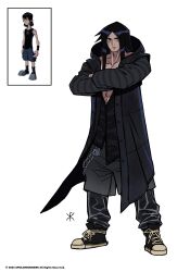 Rule 34 | 1boy, absurdres, apoloniodraws, ben 10, black eyes, black hair, chain, coat, crossed arms, grey shorts, highres, kevin levin, long hair, looking at viewer, multiple scars, scar, scar on face, shoes, shorts, sneakers, trench coat