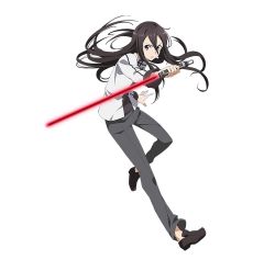 Rule 34 | 10s, 1boy, androgynous, beam saber, black eyes, black hair, full body, highres, holding, holding sword, holding weapon, kirito, kirito (sao-ggo), long hair, looking at viewer, male focus, official art, simple background, solo, sword, sword art online, sword art online: code register, weapon, white background