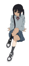 Rule 34 | 1girl, arm support, black hair, black socks, blouse, blue skirt, closed mouth, collared shirt, dress shirt, expressionless, highres, k-on!, kamo kamen, knees up, long hair, long sleeves, nakano azusa, neck ribbon, nike (company), pleated skirt, red eyes, red ribbon, ribbon, shirt, shoes, simple background, sitting, skirt, sneakers, socks, solo, spread legs, twintails, white background, white shirt