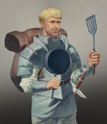 Rule 34 | 1boy, armor, backpack, bag, beard, belt, blonde hair, blue eyes, breastplate, brown belt, closed mouth, cosplay, dungeon meshi, facial hair, frying pan, gorget, gradient background, hieumay, highres, holding, holding frying pan, holding spatula, laios touden, laios touden (cosplay), looking at viewer, male focus, mustache, pauldrons, plate armor, ryan gosling, sheath, sheathed, short hair, shoulder armor, smug, solo, spatula, sword, upper body, vambraces, weapon