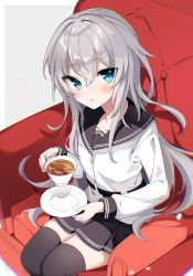 Rule 34 | 1girl, absurdres, black sailor collar, black skirt, black tea, black thighhighs, blue eyes, blush, buttons, collarbone, cup, fathom, hair between eyes, hibiki (kancolle), highres, holding, holding cup, kantai collection, long hair, long sleeves, parted lips, pleated skirt, sailor collar, sailor shirt, shirt, sitting, skirt, solo, tea, thighhighs, verniy (kancolle), white hair, white shirt
