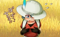 Rule 34 | 10s, 1girl, backpack, bag, black gloves, collarbone, commentary request, cowboy shot, feathers, gloves, hands on own chest, hat, hat feather, kaban (kemono friends), kemono friends, looking at viewer, red shirt, shirt, short sleeves, simple background, solo, surprised, translation request, welt (kinsei koutenkyoku)