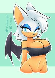 Rule 34 | 1girl, absurdres, alternate costume, alternate hairstyle, ambris art, animal ears, animal nose, artist name, asymmetrical bangs, bare shoulders, bat ears, bat girl, bat wings, black wings, blue eyes, blue eyeshadow, body fur, bottomless, breasts, closed mouth, collarbone, eyeshadow, female focus, furry, furry female, green background, groin, half-closed eyes, happy, highres, large breasts, looking at viewer, makeup, navel, out-of-frame censoring, outline, patreon logo, patreon username, rouge the bat, short hair, simple background, skindentation, smile, solo, sonic (series), sports bra, standing, stomach, strap slip, twitter logo, twitter username, upper body, watermark, white fur, white hair, white outline, wings