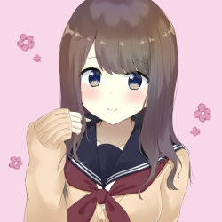 Rule 34 | 1girl, 7 calpis 7, black sailor collar, blue eyes, blush, brown cardigan, brown hair, cardigan, closed mouth, collarbone, commentary request, floral background, hand up, long hair, long sleeves, looking at viewer, neckerchief, original, pink background, red neckerchief, romaji commentary, sailor collar, school uniform, serafuku, sleeves past wrists, smile, solo