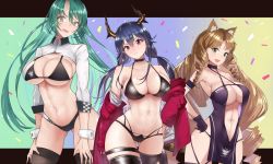Rule 34 | &gt;:(, 3girls, :d, animal ear fluff, animal ears, arknights, armband, atago (azur lane), atago (azur lane) (cosplay), atago (stunning speedster) (azur lane), azur lane, bad id, bad twitter id, bare arms, bare shoulders, bikini, black bikini, black choker, black gloves, black legwear, black one-piece swimsuit, blue background, blue hair, blush, breasts, brown hair, ch&#039;en (arknights), choker, cleavage, collarbone, commentary request, confetti, cosplay, cosplay request, cowboy shot, criss-cross halter, dragon horns, drill hair, drill sidelocks, gloves, gluteal fold, gradient background, great lungmen logo, green background, green eyes, green hair, hair between eyes, halterneck, hand on own hip, head tilt, horns, hoshiguma (arknights), jacket, large breasts, letterboxed, long hair, long sleeves, looking at viewer, low twintails, multiple girls, navel, no headwear, off shoulder, one-piece swimsuit, open clothes, open jacket, open mouth, race queen, red eyes, red jacket, shoukaku (azur lane), shoukaku (sororal wings) (azur lane), shrug (clothing), sidelocks, single horn, skin-covered horns, sleeve cuffs, smile, standing, stomach, swimsuit, swire (arknights), taihou (azur lane), taihou (azur lane) (cosplay), taihou (enraptured companion) (azur lane), tail, thigh strap, thighhighs, thighs, tiger ears, tiger tail, twintails, v-shaped eyebrows, very long hair, wrist cuffs, yellow background, yuzuruka (bougainvillea)