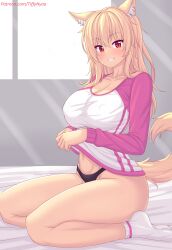 Rule 34 | 1girl, animal ear fluff, animal ears, black panties, blonde hair, blush, breasts, cat ears, cat girl, cat tail, cleavage, commentary, english commentary, highres, kneeling, large breasts, long hair, looking at viewer, navel, nottytiffy, original, panties, parted lips, patreon username, red eyes, slit pupils, smile, socks, tail, teeth, thighs, tiffy (nottytiffy), two-tone shirt, underwear, white socks