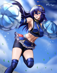 Rule 34 | 1girl, abs, absurdres, armpits, artist name, bare shoulders, bike shorts, blue eyes, blue hair, blush, breasts, cheerleader, commentary request, fire emblem, hair between eyes, highres, long hair, looking at viewer, lucina (fire emblem), medium breasts, midriff, navel, nintendo, open mouth, patreon username, pom pom (cheerleading), sideboob, skirt, smile, solo, teeth, thighhighs, thighs, tongue, vilde loh hocen, watermark, web address