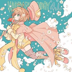 Rule 34 | 1girl, blue sky, bow, bowtie, brown hair, brown thighhighs, cape, capelet, cardcaptor sakura, cherry blossoms, cloud, cloudy sky, dated, falling petals, flying, from side, full body, gloves, green eyes, happy, happy birthday, holding, holding staff, kinomoto sakura, long sleeves, mage staff, nocoyaki, official alternate costume, petals, pink cape, pink headwear, shoes, short hair, short jumpsuit, sky, smile, staff, thighhighs, yellow bow, yellow bowtie, yellow gloves