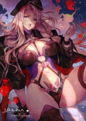 Rule 34 | 1girl, absurdres, arm up, belt, black gloves, boots, breasts, cleavage, cloak, coat, fujikawa arika, gloves, hat, highres, jacket, large breasts, long hair, looking at viewer, military, military hat, military uniform, open mouth, original, purple eyes, silver hair, solo, thigh boots, thighhighs, underwear, uniform