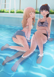 Rule 34 | 2girls, arm support, barefoot, bikini, black hair, blue eyes, blue shorts, breasts, brown hair, commentary request, commission, full body, green eyes, gridman universe, gulim, highres, legs, long hair, looking at viewer, medium breasts, minami yume, multiple girls, one eye closed, partially submerged, pixiv commission, ponytail, pool, short hair, shorts, sitting, ssss.dynazenon, ssss.gridman, swimsuit, takarada rikka, toes, water, wet, white bikini