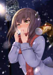 Rule 34 | 1girl, :o, absurdres, blush, breath, brown eyes, brown gloves, brown hair, building, can, coffee, drink, gloves, headband, headgear, highres, jacket, kantai collection, long sleeves, night, open mouth, outdoors, red scarf, sakurahuji-iro, scarf, short hair, snow, surprised, taihou (kancolle), upper body, winter clothes