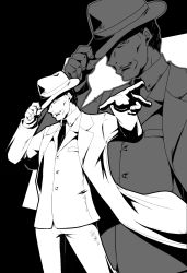 Rule 34 | 1boy, absurdres, black background, coat, collared shirt, commentary request, cowboy shot, fedora, formal, greyscale, grin, hands up, hat, hat tip, high contrast, highres, jacket, kamon rider, long sleeves, looking at viewer, male focus, monochrome, muv-luv, muv-luv alternative, necktie, outline, pants, shirt, short hair, simple background, smile, standing, suit, suit jacket, trench coat, w, white background, wind, yoroi sakon, zoom layer