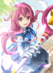 Rule 34 | 1girl, bridal gauntlets, brown eyes, character request, elbow gloves, foreshortening, from above, gloves, kari kenji, kimi to boku to mahougakkou, long hair, looking up, magical girl, open mouth, pink hair, smile, solo, source request, staff, white gloves