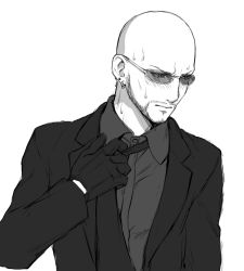 Rule 34 | 1boy, adjusting clothes, adjusting necktie, bad id, bad pixiv id, bald, blush, closed mouth, commentary request, earrings, final fantasy, final fantasy vii, final fantasy vii remake, formal, gloves, greyscale, hand up, highres, jacket, jewelry, long sleeves, looking away, looking to the side, male focus, mondi hl, monochrome, necktie, rude (ff7), shirt, solo, suit, sunglasses, upper body, wing collar
