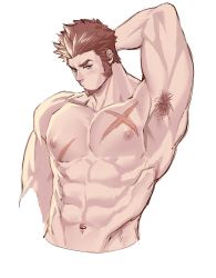 Rule 34 | 1boy, abs, arm behind head, armpit hair, armpits, bara, blue eyes, blush, brown hair, completely nude, cross scar, facial hair, fate/grand order, fate (series), goatee, highres, large pectorals, long sideburns, looking at viewer, male focus, mature male, muscular, muscular male, napoleon bonaparte (fate), navel, nipples, nude, pectorals, scar, scar on chest, short hair, sideburns, solo, stomach, syo chikubai