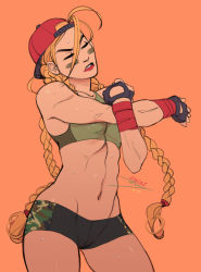 Rule 34 | 1girl, adapted costume, antenna hair, backwards hat, baseball cap, braid, breasts, cammy white, camouflage, camouflage shorts, commentary, contrapposto, english commentary, closed eyes, facepaint, forehead, groin, hat, lips, lipstick, long hair, makeup, medium breasts, navel, orange background, short shorts, shorts, simple background, solo, sports bra, standing, street fighter, street fighter v, stretching, sweat, toned, twin braids, vashperado, very long hair, wrist wrap