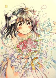 Rule 34 | 1girl, bad id, bad twitter id, bare shoulders, birthday, black hair, blush, bouquet, bow, commentary, confetti, dress, flower, hair ornament, highres, holding, holding bouquet, love live!, love live! school idol project, outstretched hand, petals, red eyes, simple background, sleeveless, sleeveless dress, smile, solo focus, surufuji, traditional media, twintails, white background, white bow, white dress, yazawa nico