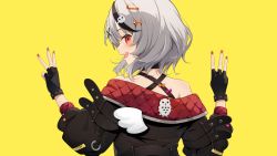 Rule 34 | 1girl, bird hair ornament, black gloves, black hair, black jacket, blush, brat (brabrabrat00), double w, fingerless gloves, from behind, gloves, grey hair, hair ornament, hairclip, highres, hololive, jacket, long sleeves, looking at viewer, looking back, medium hair, multicolored hair, nail polish, off shoulder, open mouth, profile, red eyes, red nails, revision, sakamata chloe, simple background, smile, solo, streaked hair, upper body, virtual youtuber, w, x hair ornament, yellow background