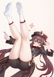 Rule 34 | 1girl, bare legs, black hat, black shirt, black shorts, brown hair, candy, commentary, fangai-anmian, food, genshin impact, hat, highres, holding, holding candy, holding food, holding lollipop, hu tao (genshin impact), legs up, lollipop, long hair, long sleeves, lying, on back, red eyes, shirt, short shorts, shorts, socks, solo, thighs, twintails, very long hair, white socks