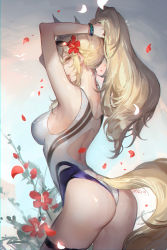 Rule 34 | 1girl, absurdres, arknights, arm up, ass, bare arms, bare shoulders, blonde hair, breasts, chinese commentary, commentary request, competition swimsuit, cowboy shot, flower, hair flower, hair ornament, hibiscus, highres, horse girl, large breasts, long hair, looking at viewer, nearl (arknights), one-piece swimsuit, partial commentary, ponytail, red flower, revision, sidelocks, solo, spade-m, standing, swimsuit, tail, thighs, white one-piece swimsuit, yellow eyes