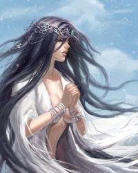 Rule 34 | 1girl, absurdres, alsanna (souls), aslanna, black hair, bracelet, breasts, circlet, closed eyes, cloud, dark souls (series), dark souls i, dark souls ii, day, dress, female focus, floating hair, from side, highres, interlocked fingers, jewelry, large breasts, licia of vigor, lips, long hair, mountain, no bra, open clothes, open mouth, open robe, outdoors, own hands clasped, own hands together, praying, robe, sky, snow, snowing, solo, underboob, upper body, very long hair, wind, yuwei li