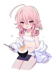 Rule 34 | 1girl, ahoge, bikini, bikini under clothes, blush, bow, bowl, commentary request, cropped legs, food, hair between eyes, hair bow, highres, holding, holding spoon, jacket, long hair, long sleeves, looking at viewer, navel, off shoulder, open clothes, open jacket, open mouth, original, pink hair, puffy long sleeves, puffy sleeves, red eyes, shaved ice, shiodome oji, simple background, sitting, sleeves past wrists, solo, spoon, sweat, swimsuit, wavy mouth, white background, white bikini, white bow, white jacket