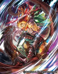 Rule 34 | 10s, 1boy, abs, armor, armored boots, blonde hair, boots, cardfight!! vanguard, company name, dragon, dragon knight nadim, electricity, facial tattoo, feathers, full body, green eyes, long hair, male focus, moreshan, navel, official art, open mouth, topless male, solo, sword, tattoo, teeth, weapon