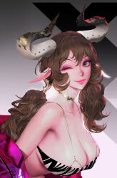 Rule 34 | 1girl, animal ears, black bra, bra, breasts, brown choker, brown hair, choker, cleavage, closed mouth, commentary, cow ears, cow girl, cow horns, curled horns, english commentary, eyeshadow, gradient horns, green eyes, grey horns, hair between eyes, hair ornament, highres, horn ornament, horns, jacket, jacket partially removed, large breasts, leaning forward, lipstick, long hair, looking at viewer, makeup, multicolored horns, navel, one eye closed, original, pink eyeshadow, pink jacket, pink lips, smile, solo, twintails, two-tone bra, underwear, upper body, white bra, wonbin lee