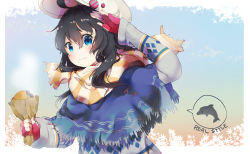 Rule 34 | 1girl, absurdres, badge, bag, baozi, baseball cap, black hair, blue capelet, blue eyes, blue sweater, blush, button badge, cape, capelet, commentary request, dolphin, fingerless gloves, food, gloves, hair between eyes, hat, hat pin, highres, holding, holding bag, long hair, long sleeves, looking at viewer, original, paper bag, red gloves, salute, scarf, smile, solo, soranagi yuki, spoken animal, steam, striped clothes, striped scarf, sweater, upper body, winter clothes